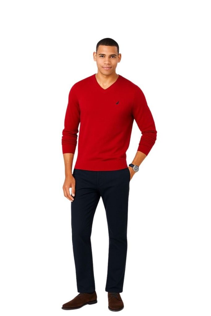 סוודר Nautica לגברים צווארון וי (Jersey V-Neck)